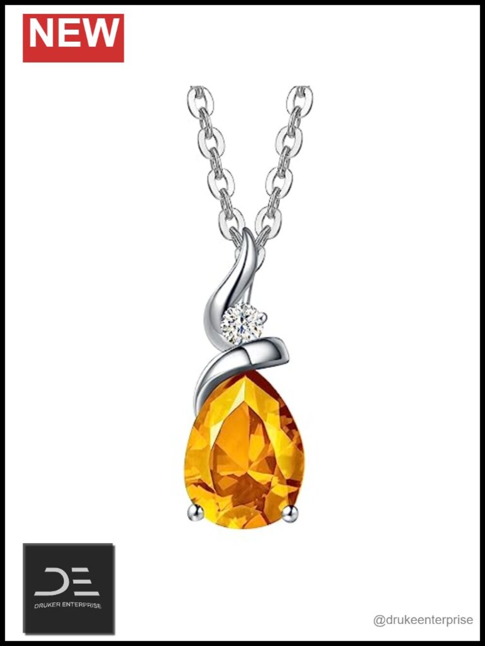 14K Solid White Gold Pear Shape Citrine Pendant Necklace November Birthstone